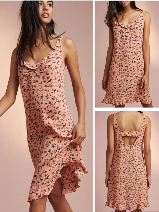 Anthropologie Dresses & Skirts - Sold Anthropologie Floreat Peach Pink Bird Floral Slip Dress Ruffle Hem Cutout
